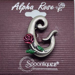 VTG L. RAZZA "Alpha Rose" Pewter "G" Initial Pin Red Rose Brooch by Spoontiques